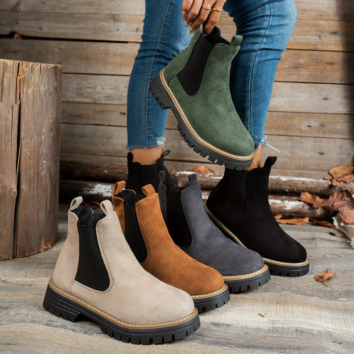 Stylish Suede Chelsea Boots for Women with Round Toe Pull Tab Platform Style