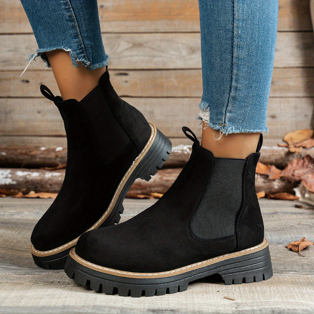 Stylish Suede Chelsea Boots for Women with Round Toe Pull Tab Platform Style