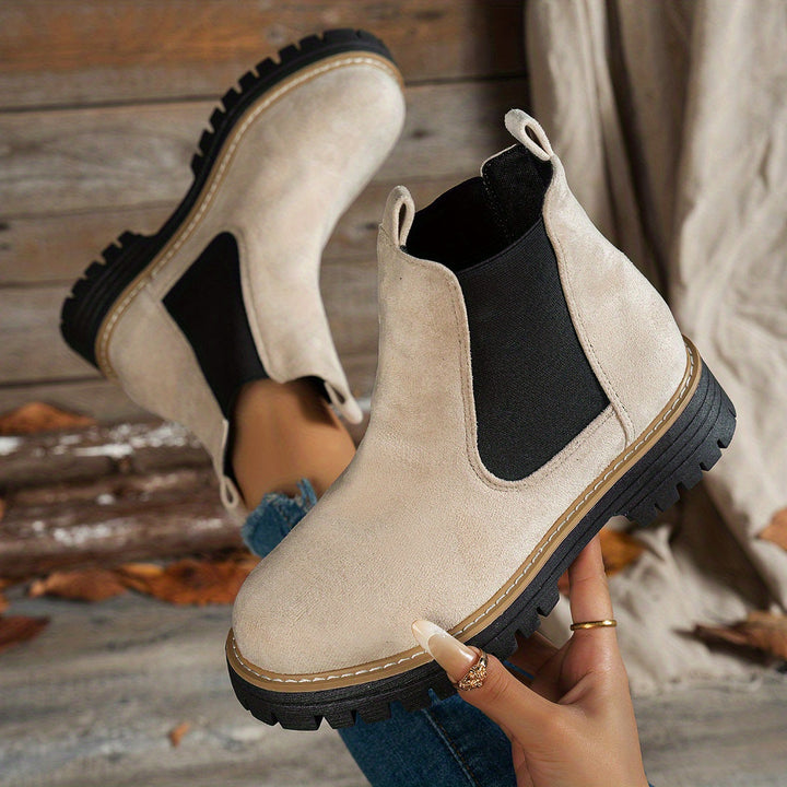 Stylish Suede Chelsea Boots for Women with Round Toe Pull Tab Platform Style
