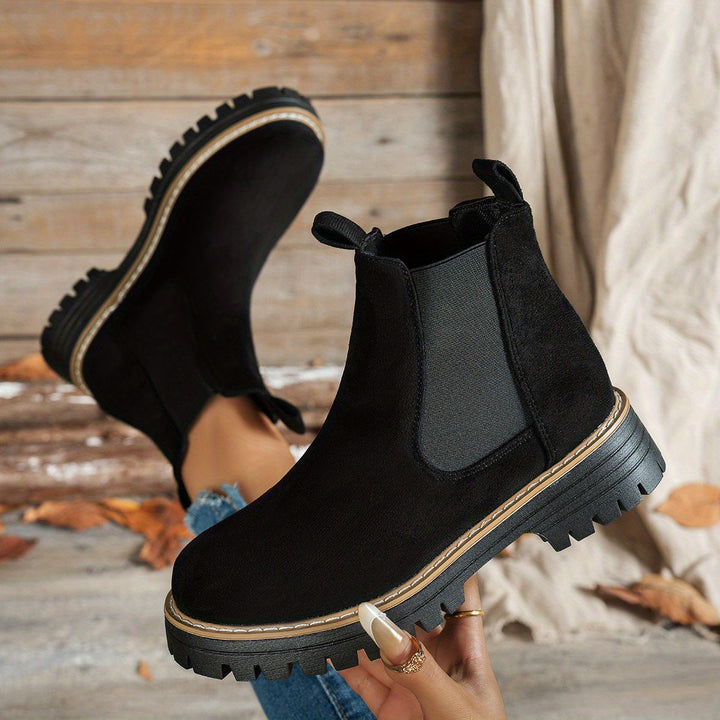 Stylish Suede Chelsea Boots for Women with Round Toe Pull Tab Platform Style