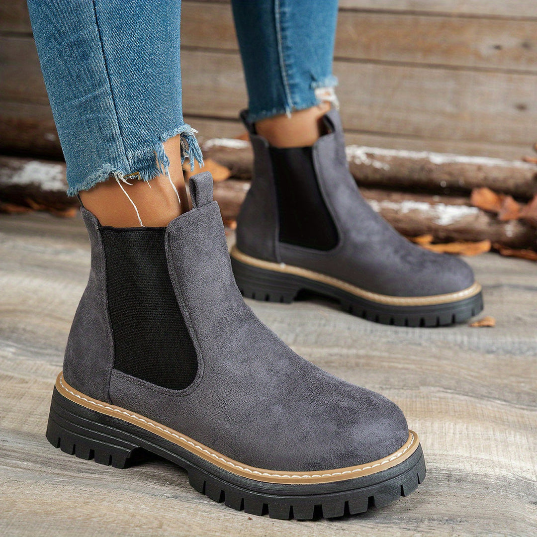 Stylish Suede Chelsea Boots for Women with Round Toe Pull Tab Platform Style