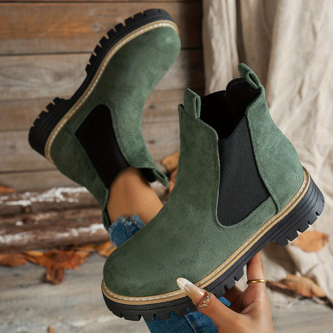 Stylish Suede Chelsea Boots for Women with Round Toe Pull Tab Platform Style