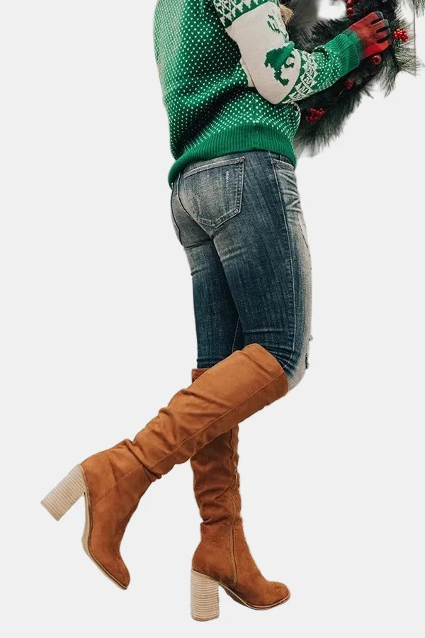 Stylish Suede Knee High Boots for Women with Ruched Block Heel Slouchy Style