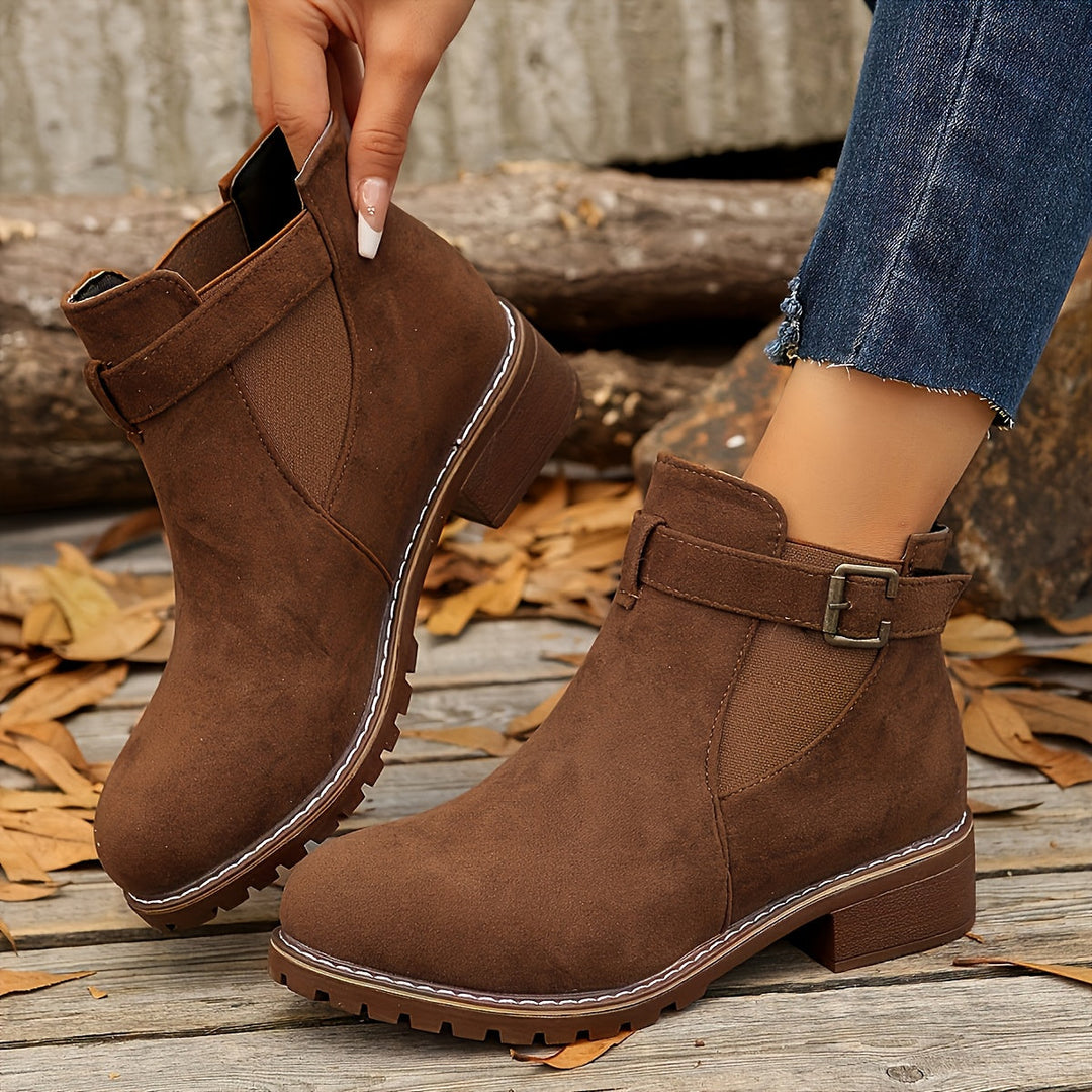 Stylish Suede Chelsea Boots for Women with Round Toe Buckle Strap Chunky Sole Casual Style