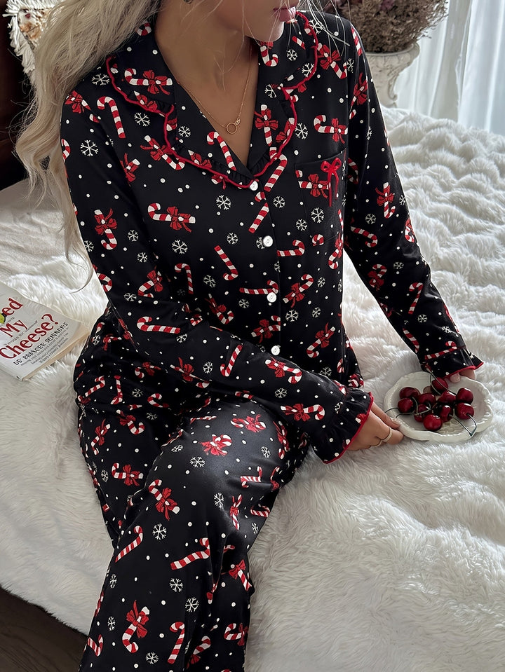 Cozy Black Candy Cane Print Christmas Pajamas for Women with Notch Collar Long Sleeve Ruffle Trim Relaxed Style