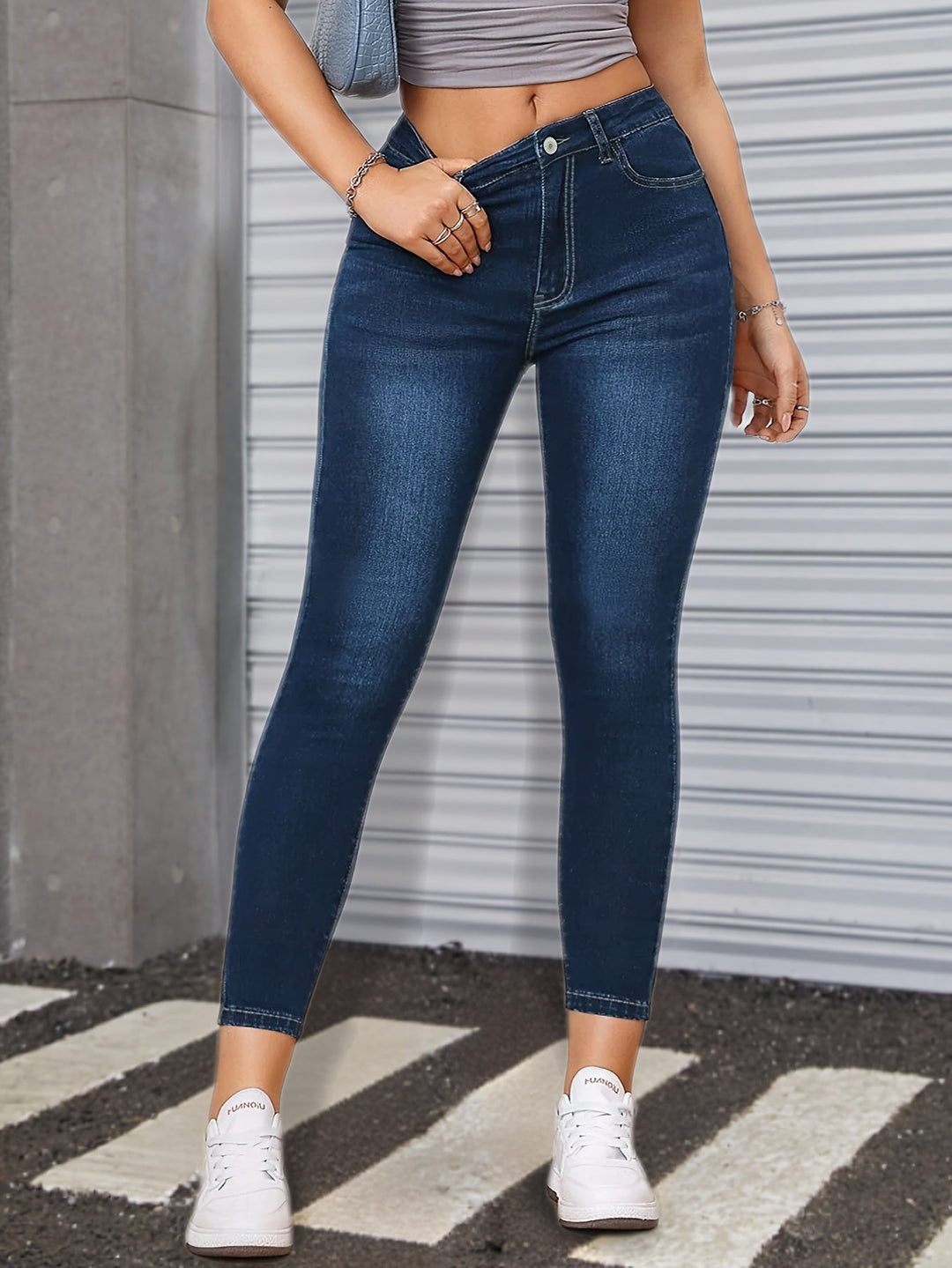 Effortless Blue Relaxed Skinny Jeans for Women with High Waist Slim Fit Stretch Denim