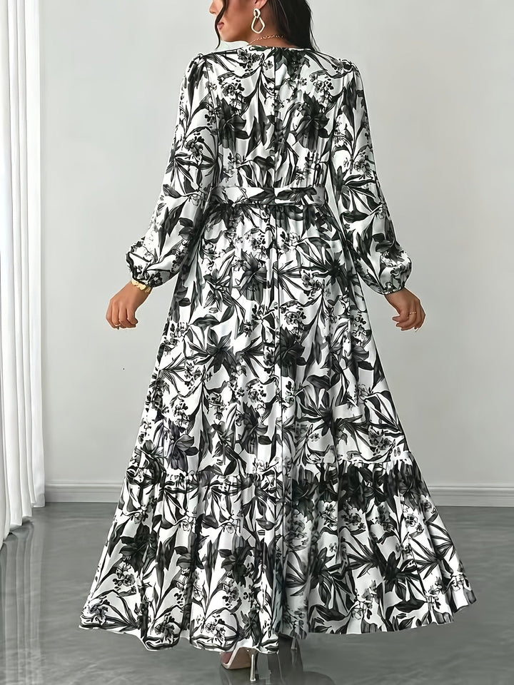 Elegant Floral Long Sleeve Maxi Dress for Women with V Neck Wrap Tie Waist Ruffle Hem Bohemian Style