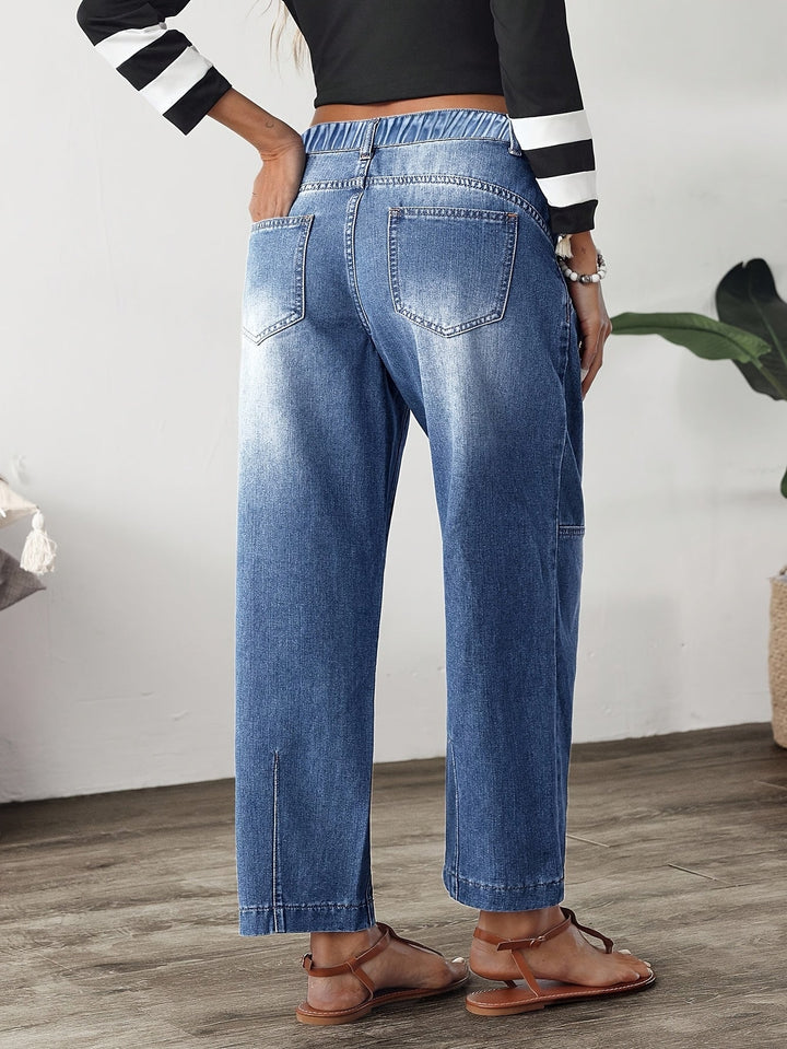 Effortless Blue Relaxed Barrel Jeans for Women with High Waist Seam Detail Faded Wash
