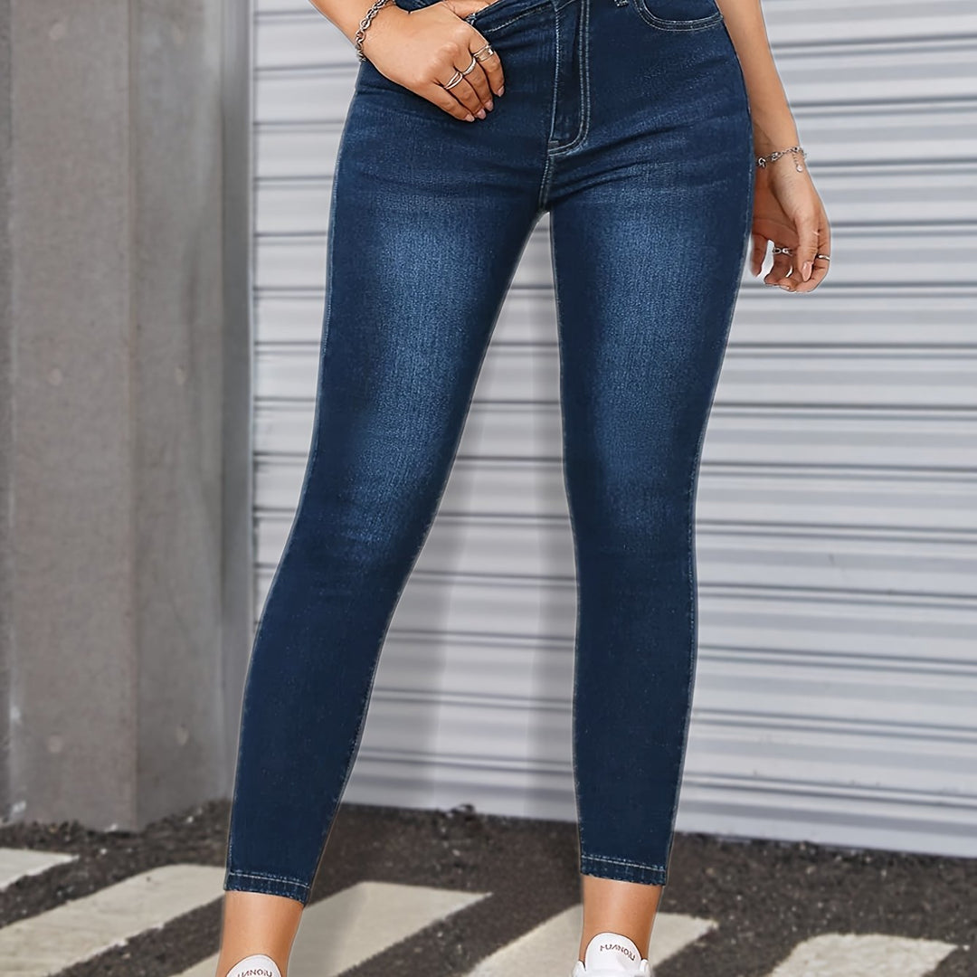Effortless Blue Relaxed Skinny Jeans for Women with High Waist Slim Fit Stretch Denim
