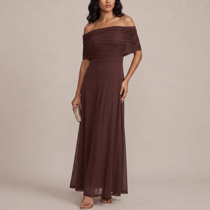 Elegant Off Shoulder Fall Wedding Guest Dress for Women with Ruched Flutter Sleeve Flowing Maxi Style