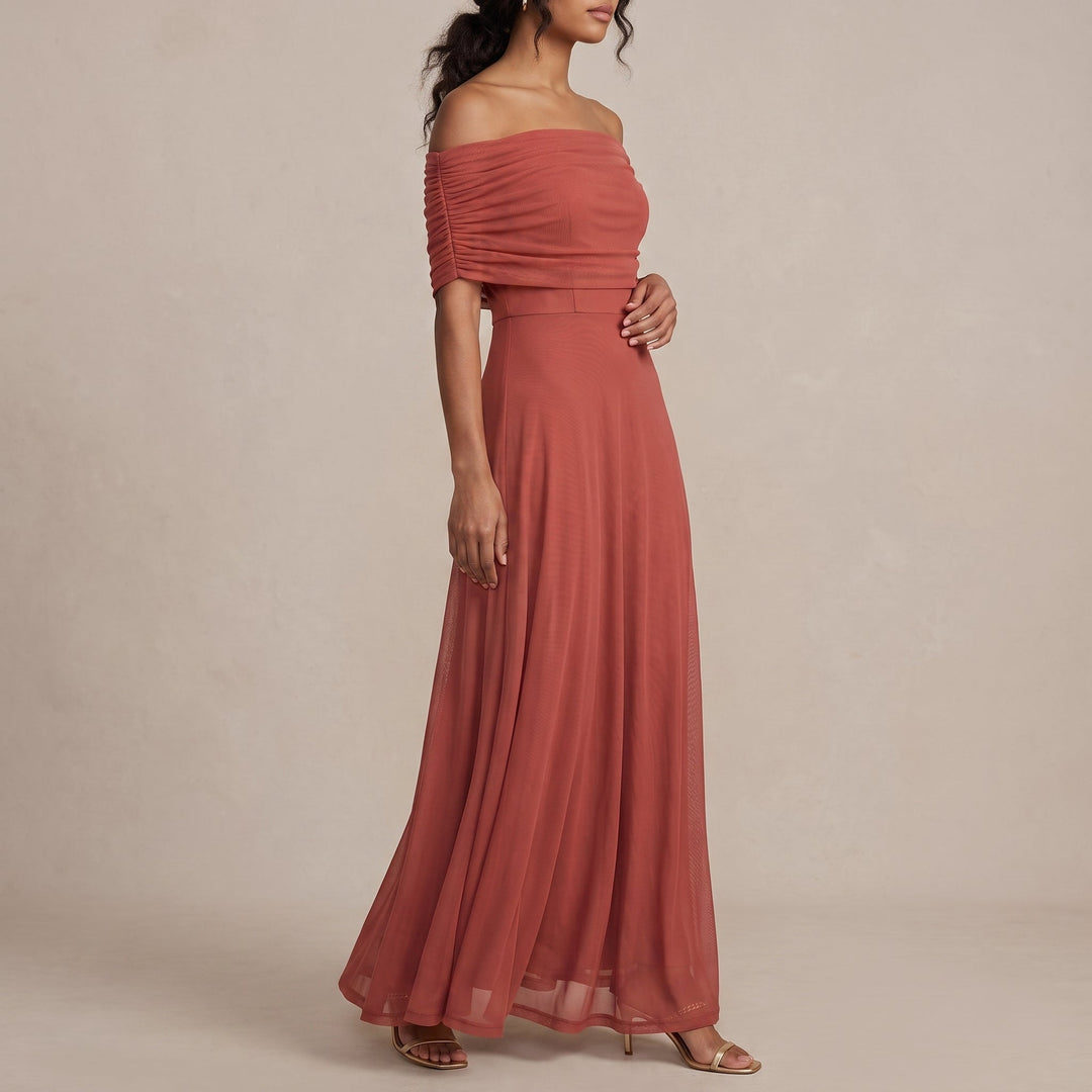 Elegant Off Shoulder Fall Wedding Guest Dress for Women with Ruched Flutter Sleeve Flowing Maxi Style