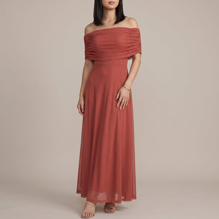 Elegant Off Shoulder Fall Wedding Guest Dress for Women with Ruched Flutter Sleeve Flowing Maxi Style