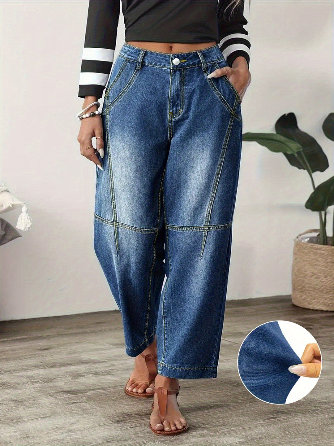Effortless Blue Relaxed Barrel Jeans for Women with High Waist Seam Detail Cropped Ankle