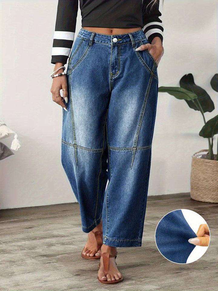 Effortless Blue Relaxed Barrel Jeans for Women with High Waist Seam Detail Cropped Ankle