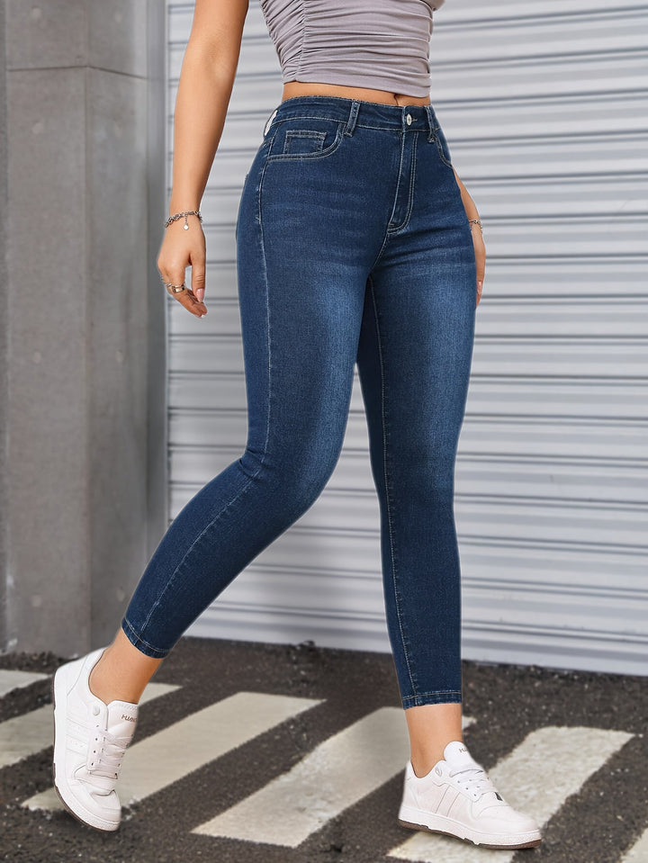 Effortless Blue Relaxed Skinny Jeans for Women with High Waist Slim Fit Stretch Denim