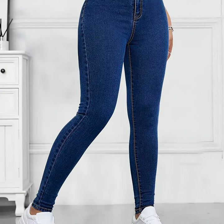 Effortless Dark Blue Relaxed Skinny Jeans for Women with High Waist Slim Fit Stretch Denim