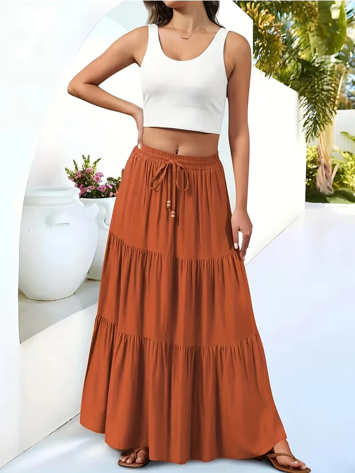 Effortless Tiered Maxi Skirt for Women with Drawstring Waist Ruffle Flowing Bohemian Style