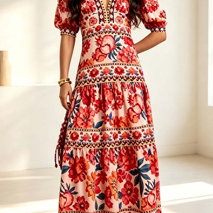 Effortless Floral Print Boho Dress for Women with V Neck Puff Sleeve Tiered Maxi Flowing Style