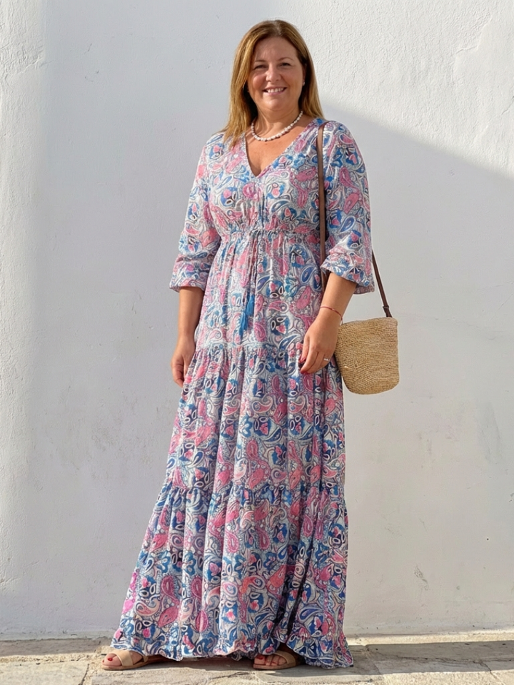 Effortless Paisley Print Long Sleeve Dress for Women with V Neck Tiered Ruffle Bohemian Style