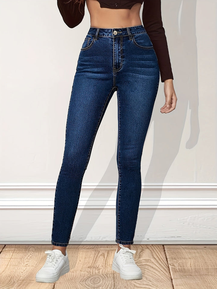 Effortless Blue Relaxed Skinny Jeans for Women with High Waist Slim Fit Ankle Length