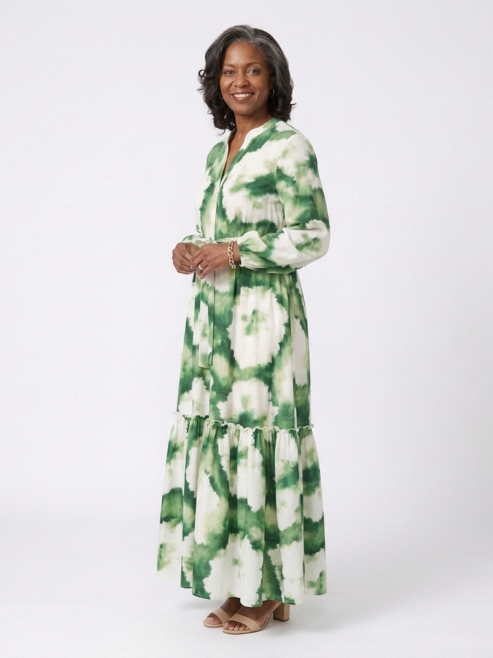 Effortless Floral Maxi Long Sleeve Dress for Women with V Neck Tie Waist Tiered Ruffle Bohemian Style
