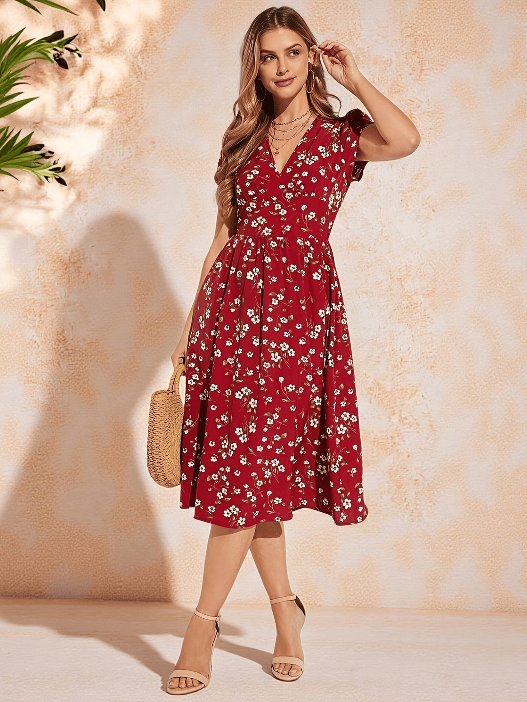 Elegant Burgundy Floral Mini Dress for Women with V Neck Flutter Sleeve Fit and Flare Style