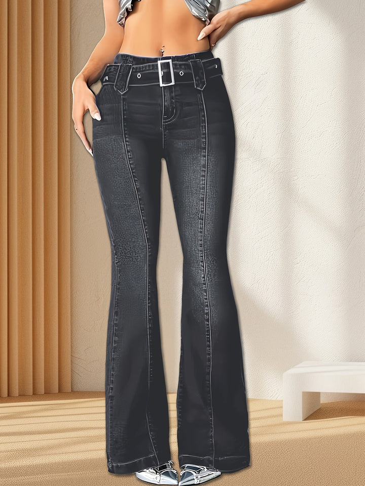 Effortless Dark Blue Buckle Jeans for Women with High Waist Belted Contrast Stitch Relaxed Style