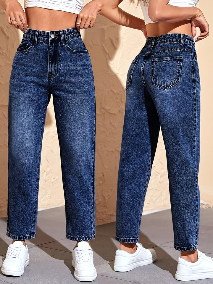 Effortless Medium Blue Relaxed Mom Jeans for Women with High Waist Straight Leg Wide Cuff