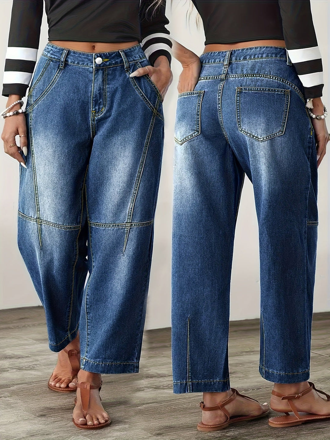 Effortless Blue Relaxed Barrel Jeans for Women with High Waist Seam Detail Cropped Ankle