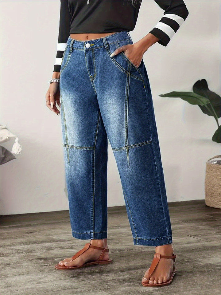Effortless Blue Relaxed Barrel Jeans for Women with High Waist Seam Detail Cropped Ankle