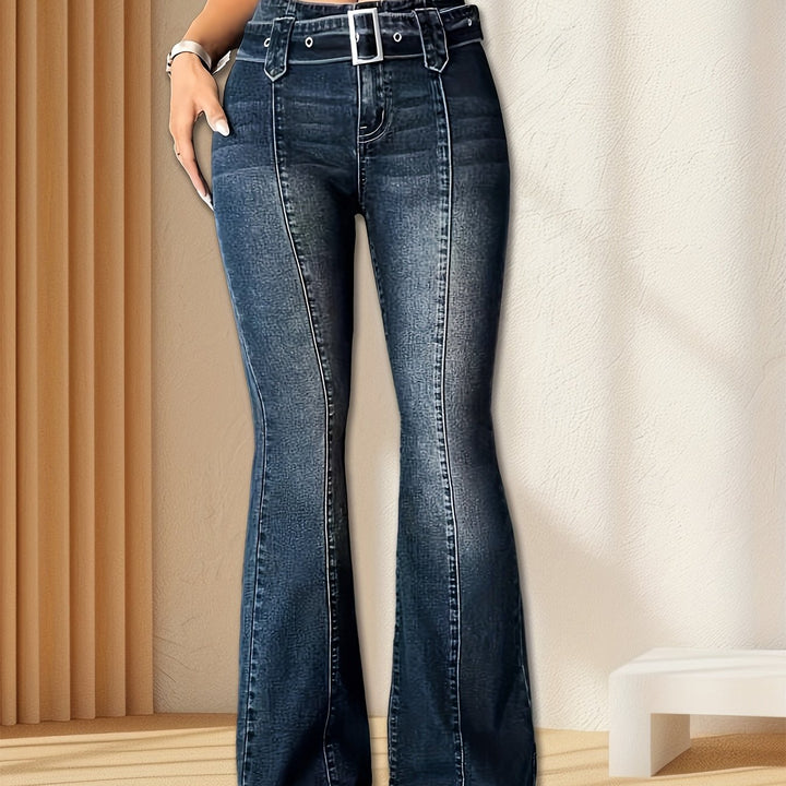 Effortless Dark Blue Buckle Jeans for Women with High Waist Belted Contrast Stitch Relaxed Style