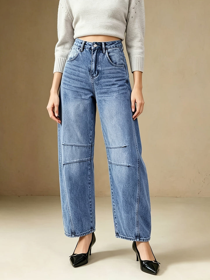 Effortless Relaxed Blue Barrel Jeans for Women with High Waist Seam Detail