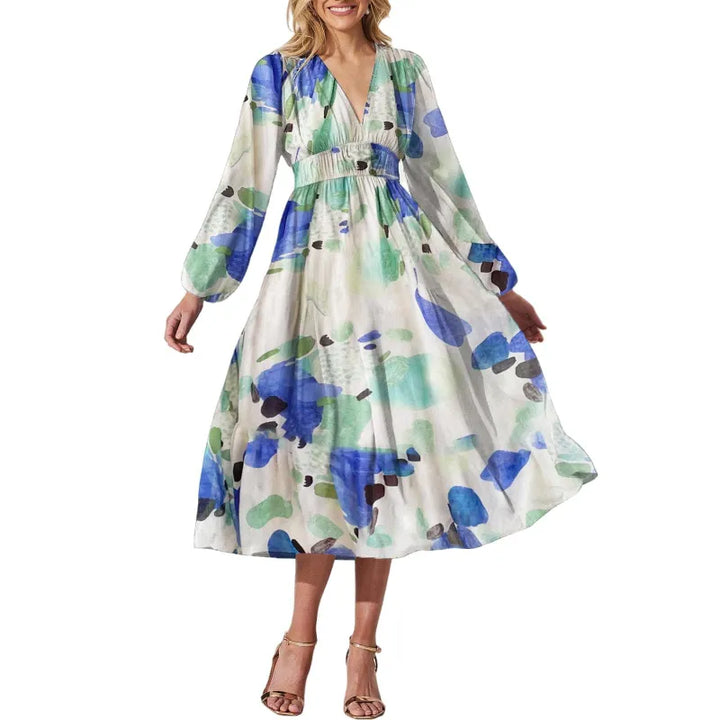 Effortless Floral Midi Dress for Women with V Neck Balloon Sleeve Smocked Waist Flowing Bohemian Style