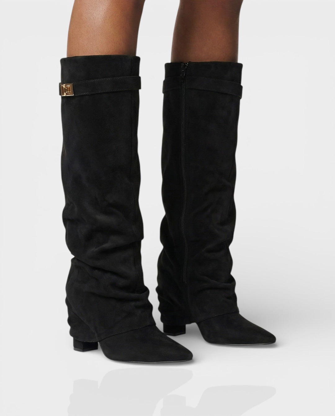 Sleek Suede Knee High Boots for Women with Pointed Toe Slouchy Shaft Side Zip Block Heel Style