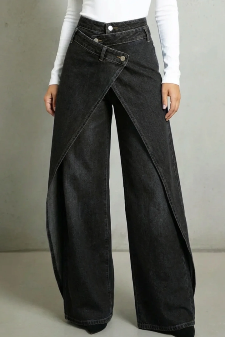 Effortless Wrap Front High Waisted Jeans for Women with Crossover Panel Wide Leg Relaxed Style