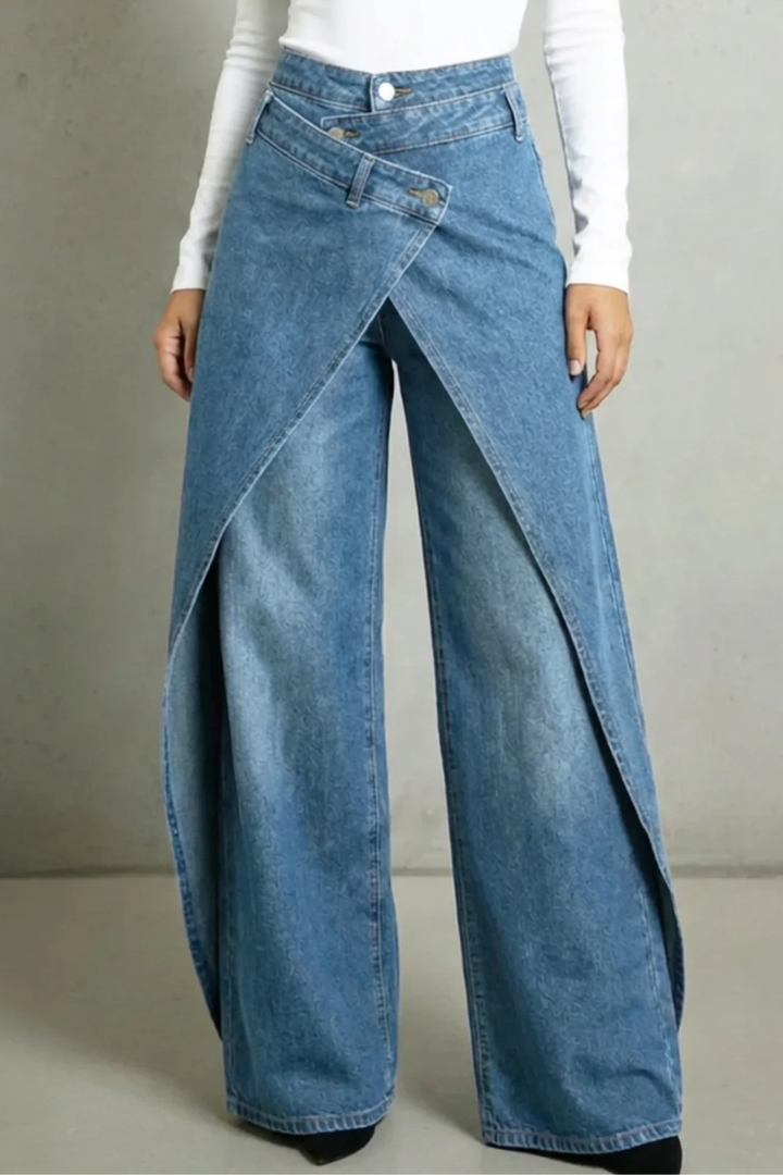 Effortless Wrap Front High Waisted Jeans for Women with Crossover Panel Wide Leg Relaxed Style