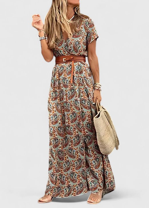 Effortless Paisley Print Maxi Dress for Women with V Neck Short Sleeve Belted Side Slit Flowing Boho Style