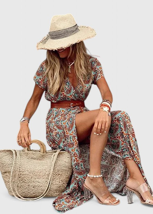 Effortless Paisley Print Maxi Dress for Women with V Neck Short Sleeve Belted Side Slit Flowing Boho Style