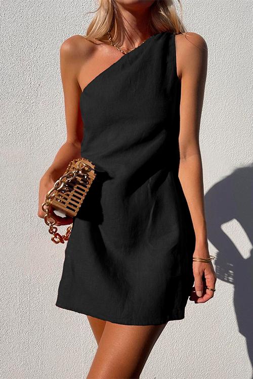 Elegant Mini Dress for Women with One Shoulder Draped Sleeveless Casual Style