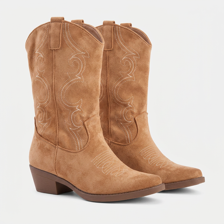 Stylish Suede Ankle Chelsea Boots for Women with Pointed Toe Chunky Heel Embroidered Western Style
