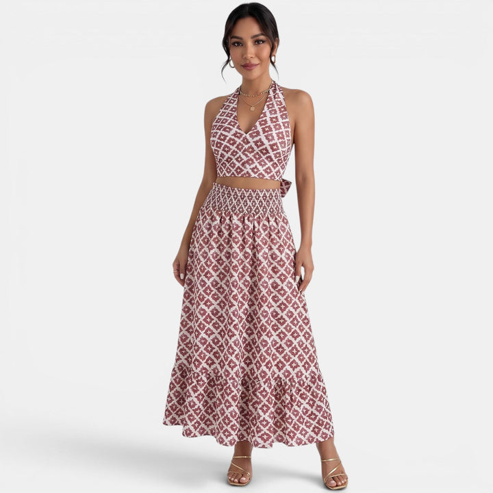 Effortless Red Geometric Print Two Piece Set for Women with Halter Top Wide Leg Maxi Skirt Bohemian Style