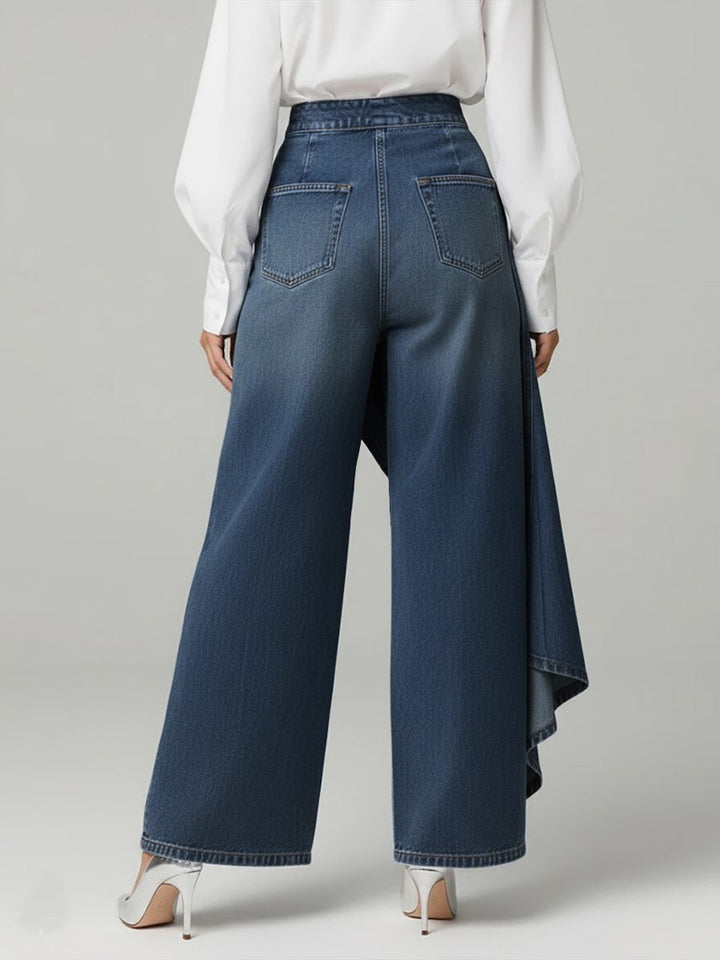 Effortless High Waisted Jeans for Women with Button Front Draped Asymmetrical Wide Leg Style