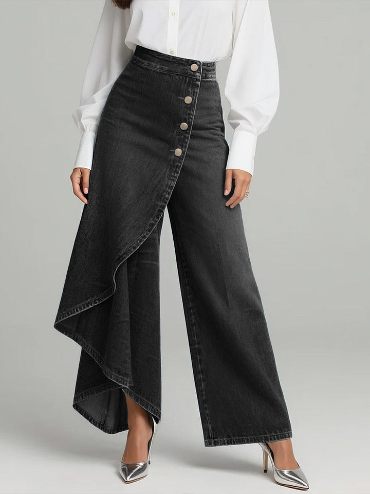 Effortless High Waisted Jeans for Women with Button Front Draped Asymmetrical Wide Leg Style