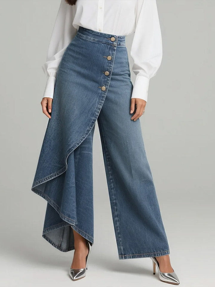 Effortless High Waisted Jeans for Women with Button Front Draped Asymmetrical Wide Leg Style