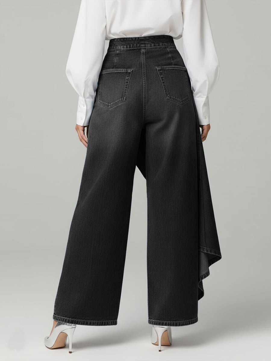Effortless High Waisted Jeans for Women with Button Front Draped Asymmetrical Wide Leg Style