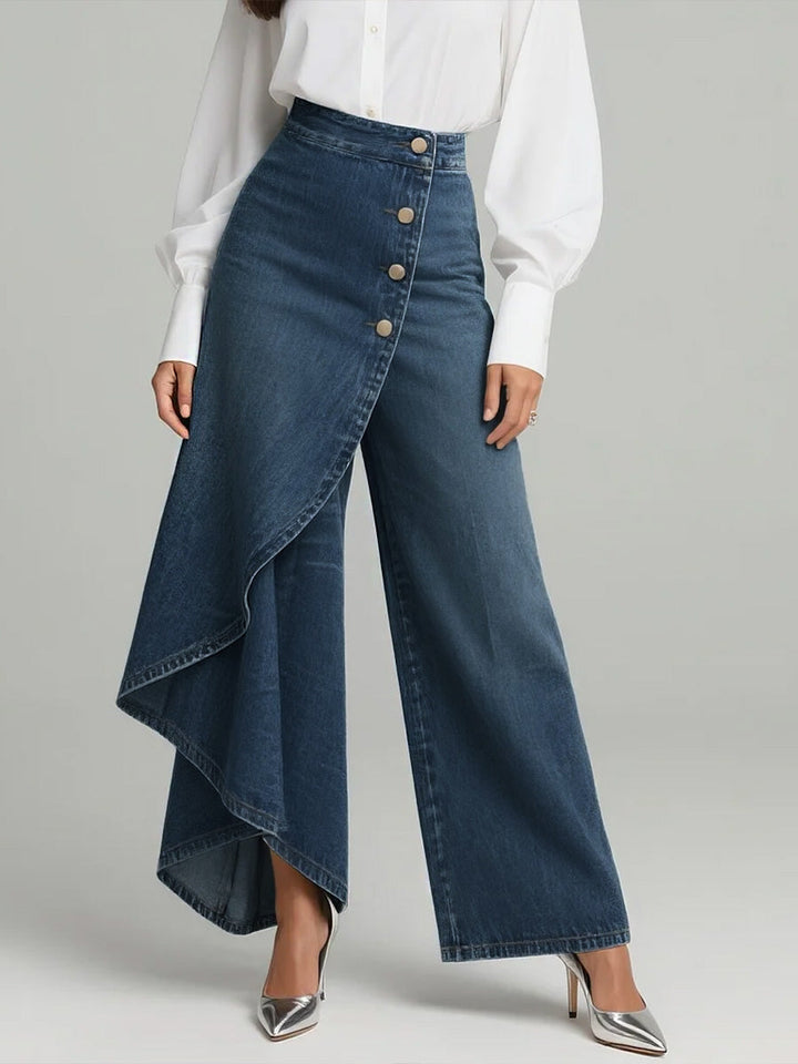 Effortless High Waisted Jeans for Women with Button Front Draped Asymmetrical Wide Leg Style