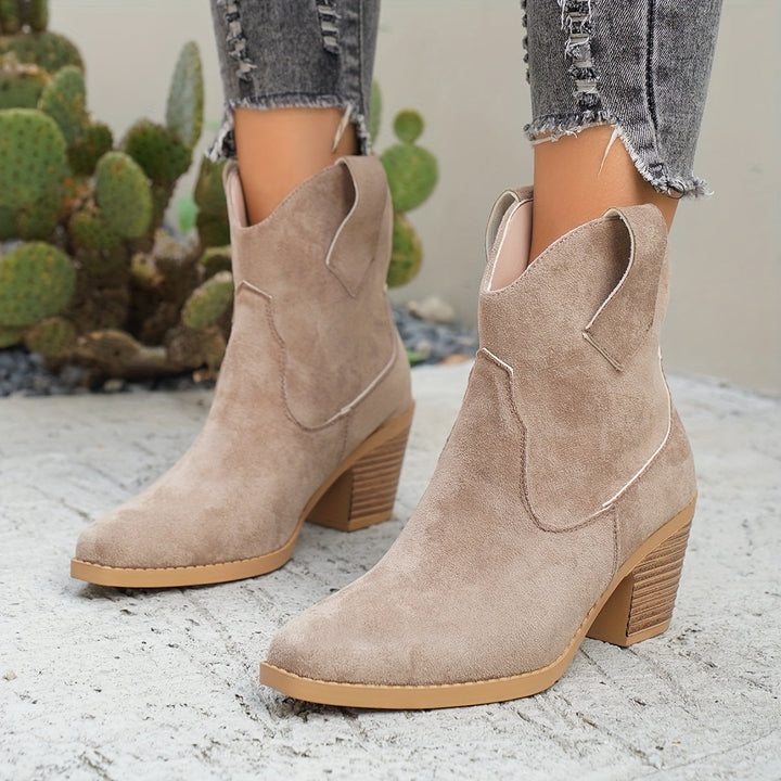 Stylish Suede Chelsea Boots for Women with Western Stitch Pointed Toe Chunky Heel Style