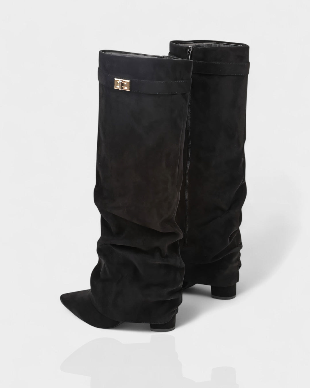 Sleek Suede Knee High Boots for Women with Pointed Toe Slouchy Shaft Side Zip Block Heel Style