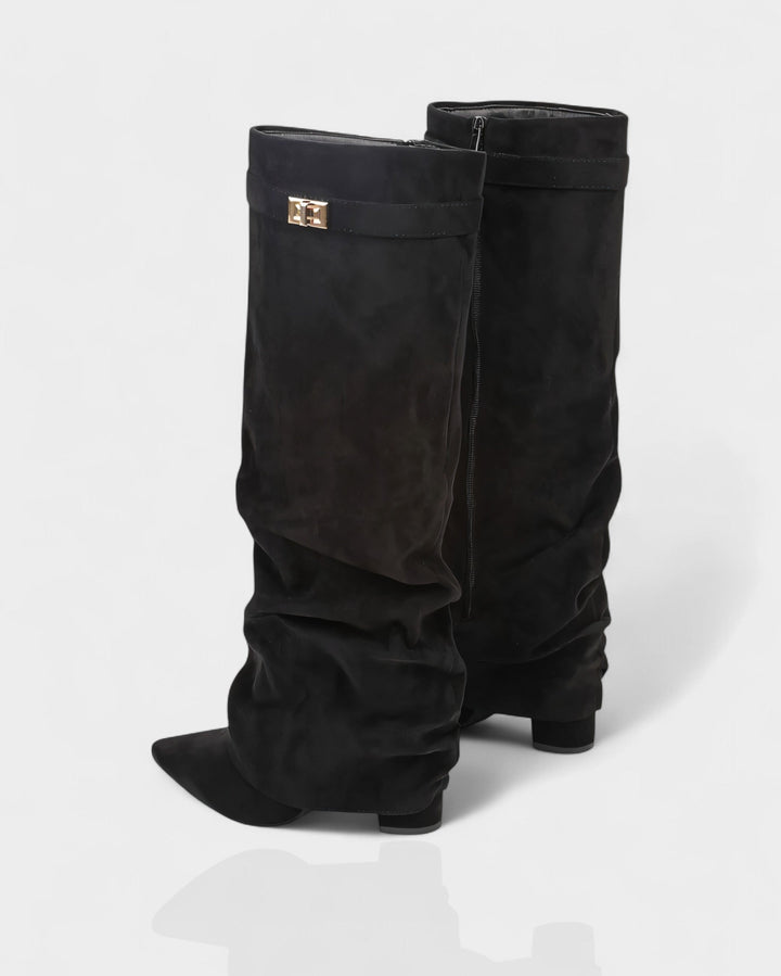 Sleek Suede Knee High Boots for Women with Pointed Toe Slouchy Shaft Side Zip Block Heel Style