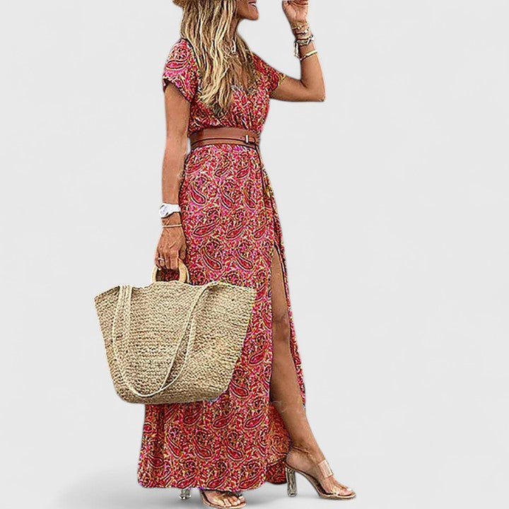 Effortless Paisley Print Maxi Dress for Women with V Neck Short Sleeve Belted Side Slit Flowing Boho Style